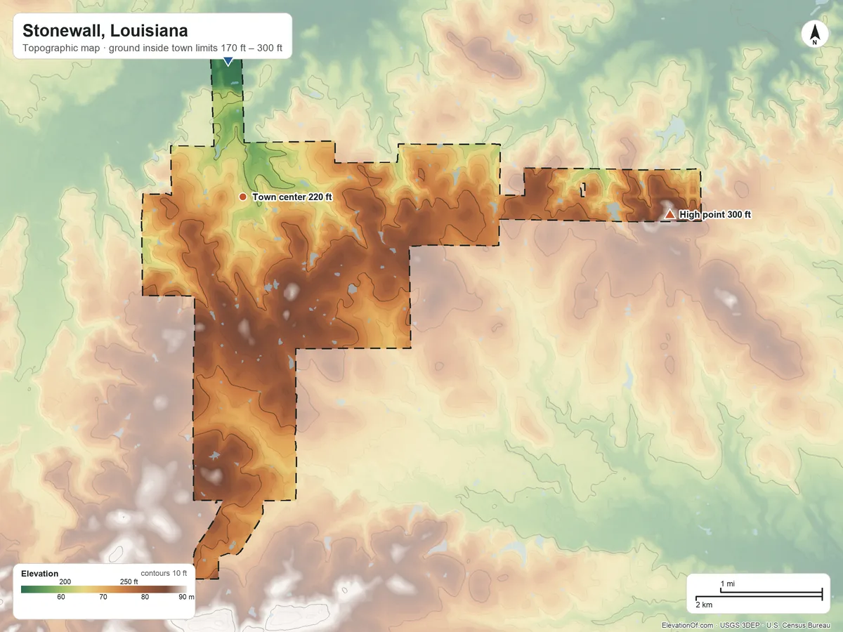 Topographic elevation map of Stonewall, Louisiana, shaded from 170 ft on the north side to 300 ft on the east side