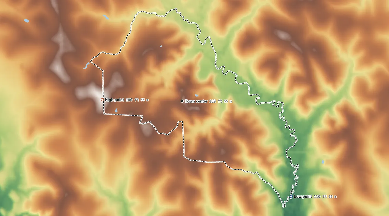 Topographic elevation map of Sugartown, Louisiana, shaded from 110 ft on the southeast side to 180 ft on the west side