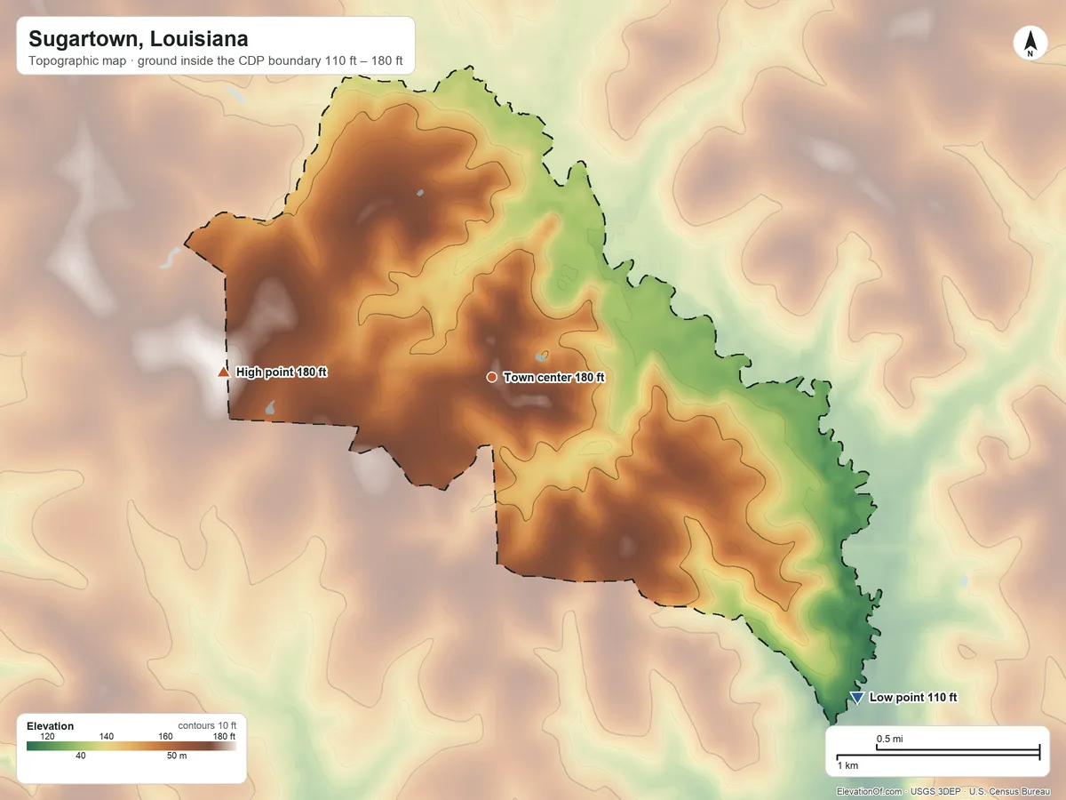 Topographic elevation map of Sugartown, Louisiana, shaded from 110 ft on the southeast side to 180 ft on the west side