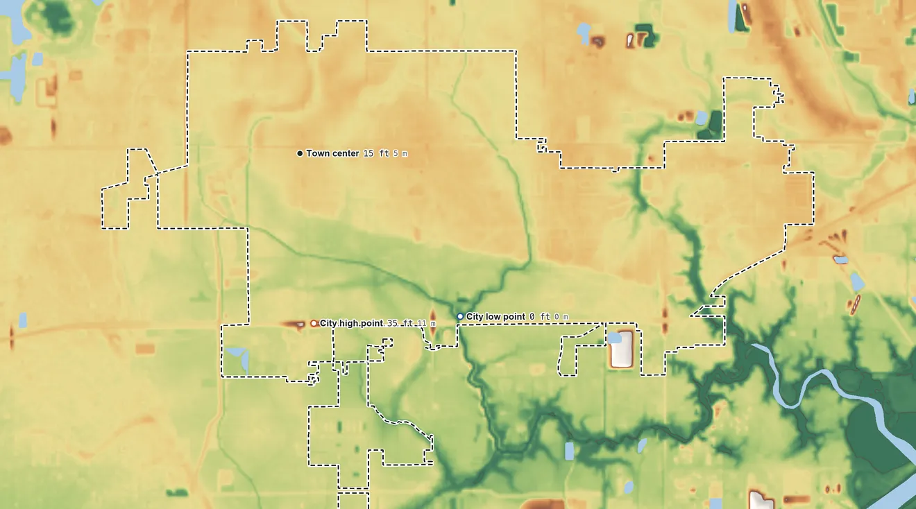 Topographic elevation map of Sulphur, Louisiana, shaded from 0 ft on the southeast side to 35 ft on the south side