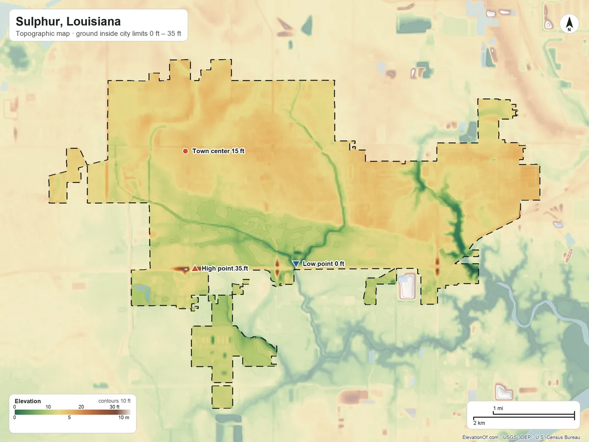 Topographic elevation map of Sulphur, Louisiana, shaded from 0 ft on the southeast side to 35 ft on the south side