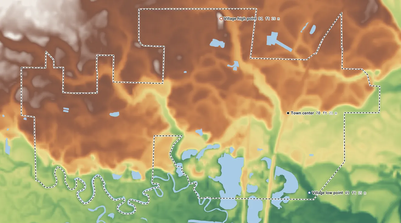 Topographic elevation map of Sun, Louisiana, shaded from 49 ft on the south side to 91 ft on the northwest side