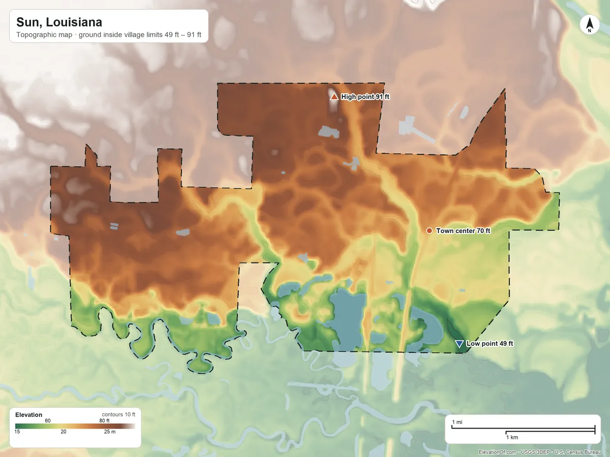 Topographic elevation map of Sun, Louisiana, shaded from 49 ft on the south side to 91 ft on the northwest side