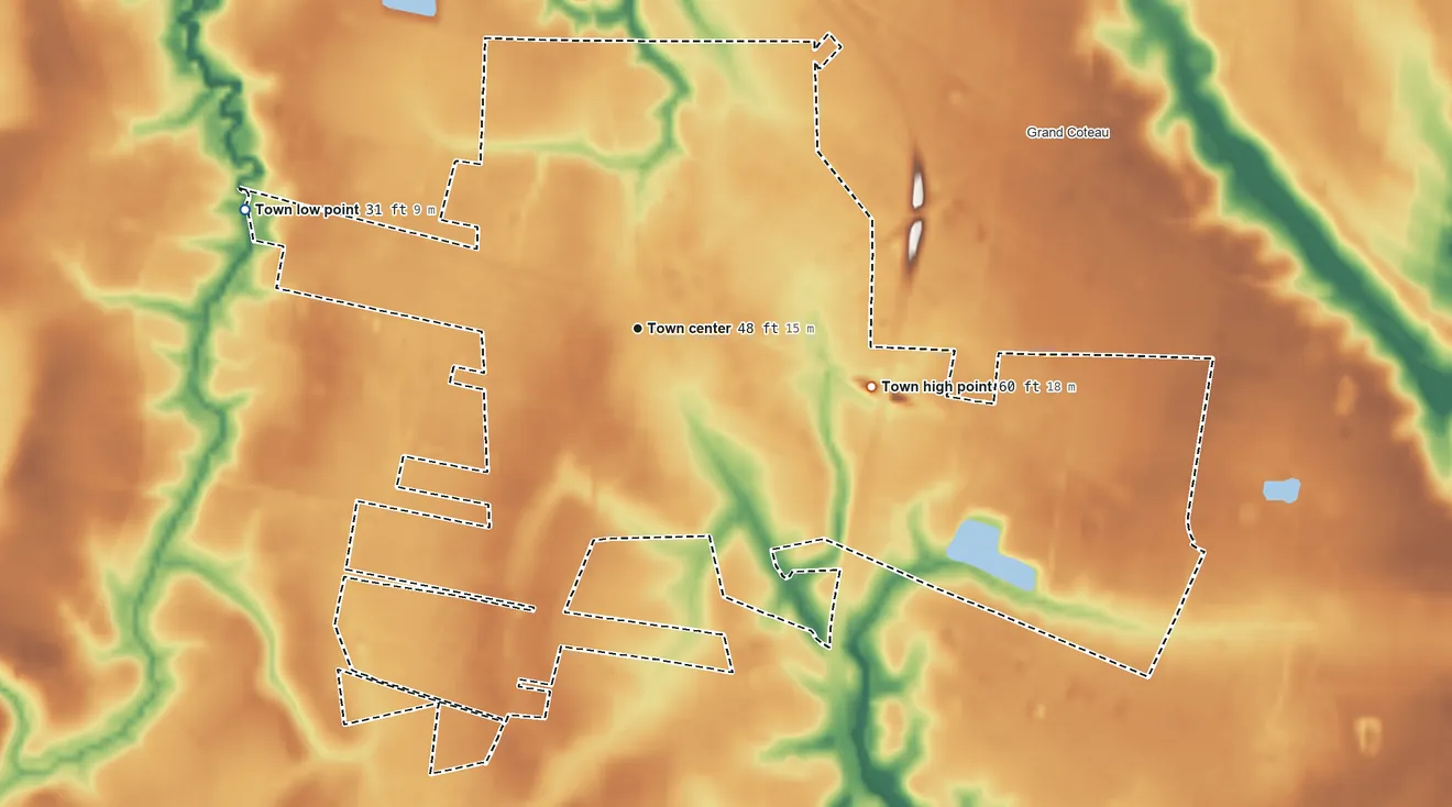 Topographic elevation map of Sunset, Louisiana, shaded from 31 ft on the west side to 60 ft on the east side
