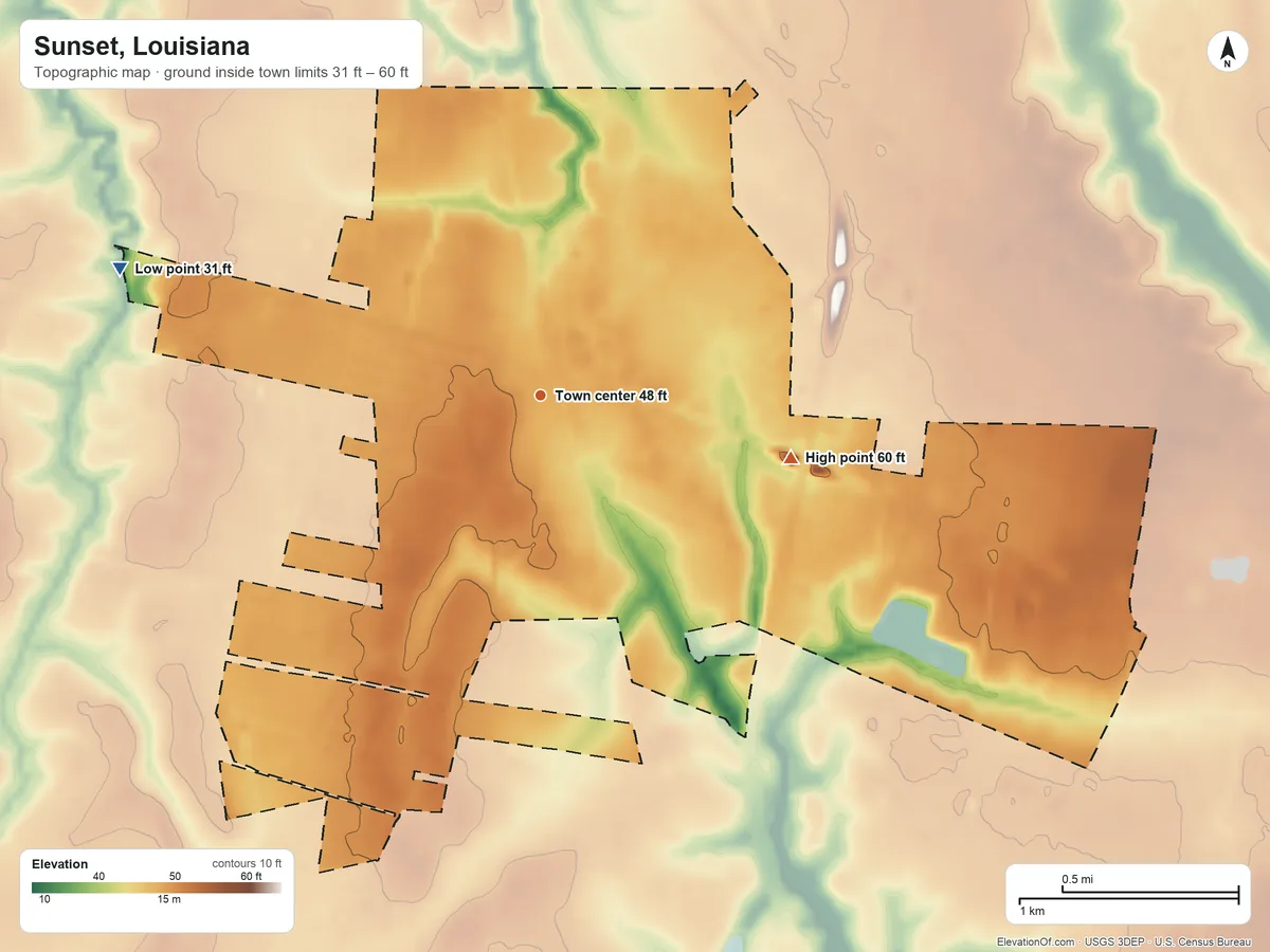 Topographic elevation map of Sunset, Louisiana, shaded from 31 ft on the west side to 60 ft on the east side