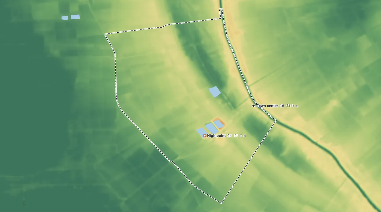 Topographic elevation map of Supreme, Louisiana, shaded from 4 ft near the middle to 24 ft on the southwest side