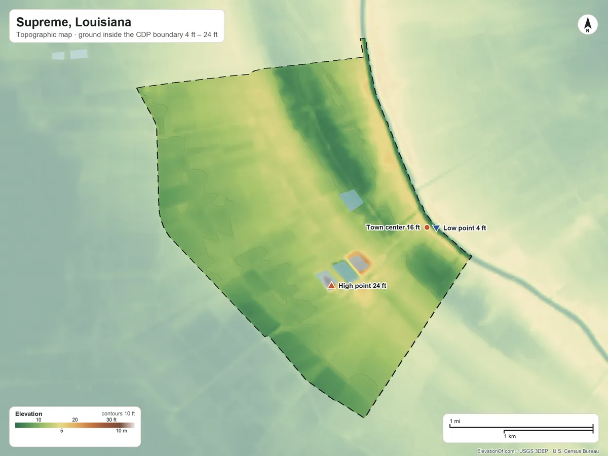 Topographic elevation map of Supreme, Louisiana, shaded from 4 ft near the middle to 24 ft on the southwest side