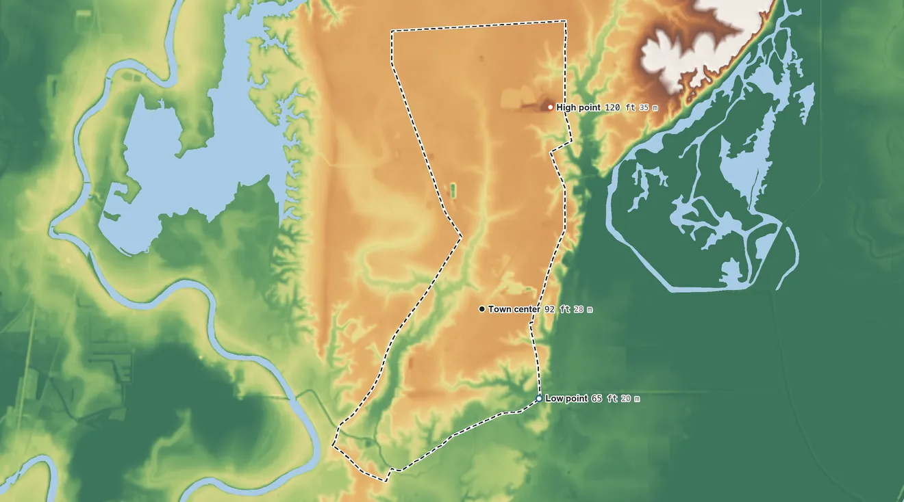 Topographic elevation map of Swartz, Louisiana, shaded from 65 ft on the southeast side to 120 ft on the north side