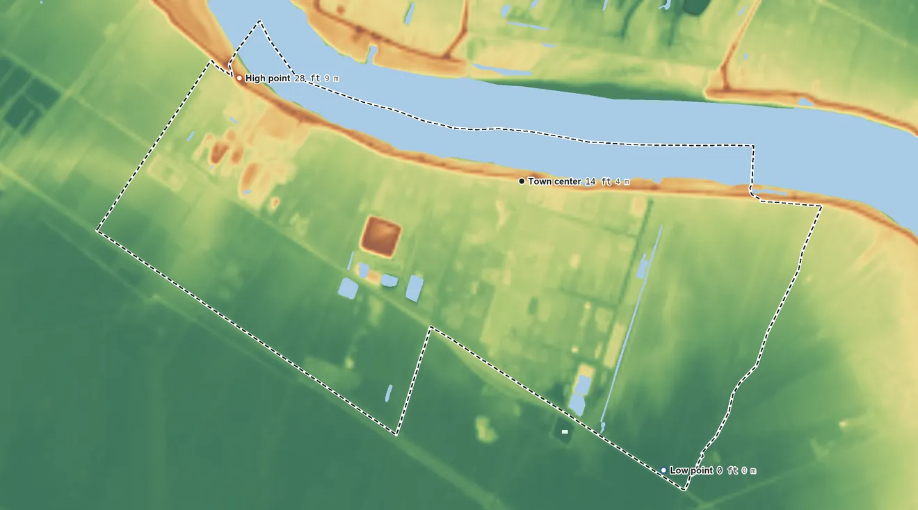 Topographic elevation map of Taft, Louisiana, shaded from 0 ft on the southeast side to 28 ft on the west side