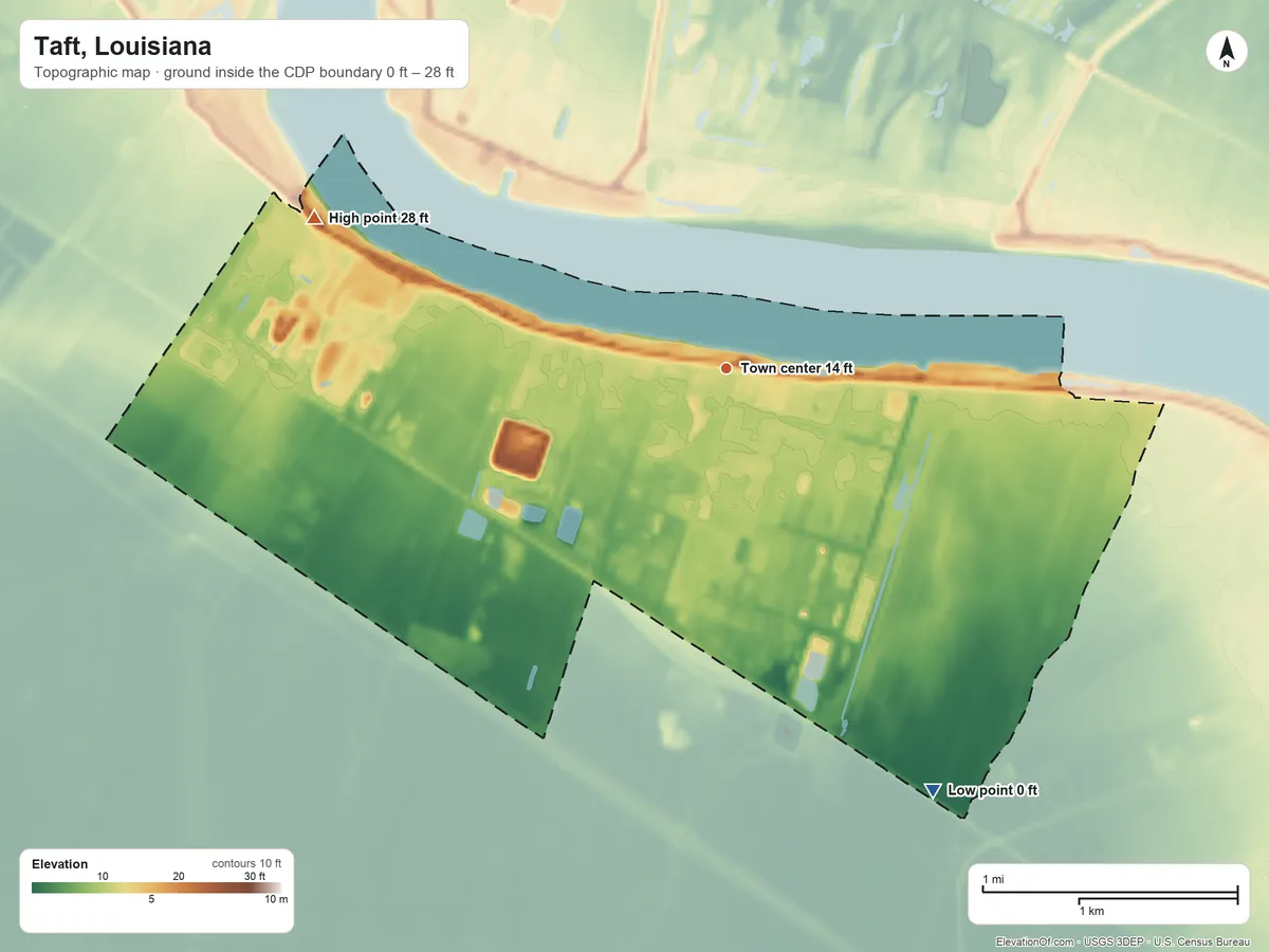 Topographic elevation map of Taft, Louisiana, shaded from 0 ft on the southeast side to 28 ft on the west side