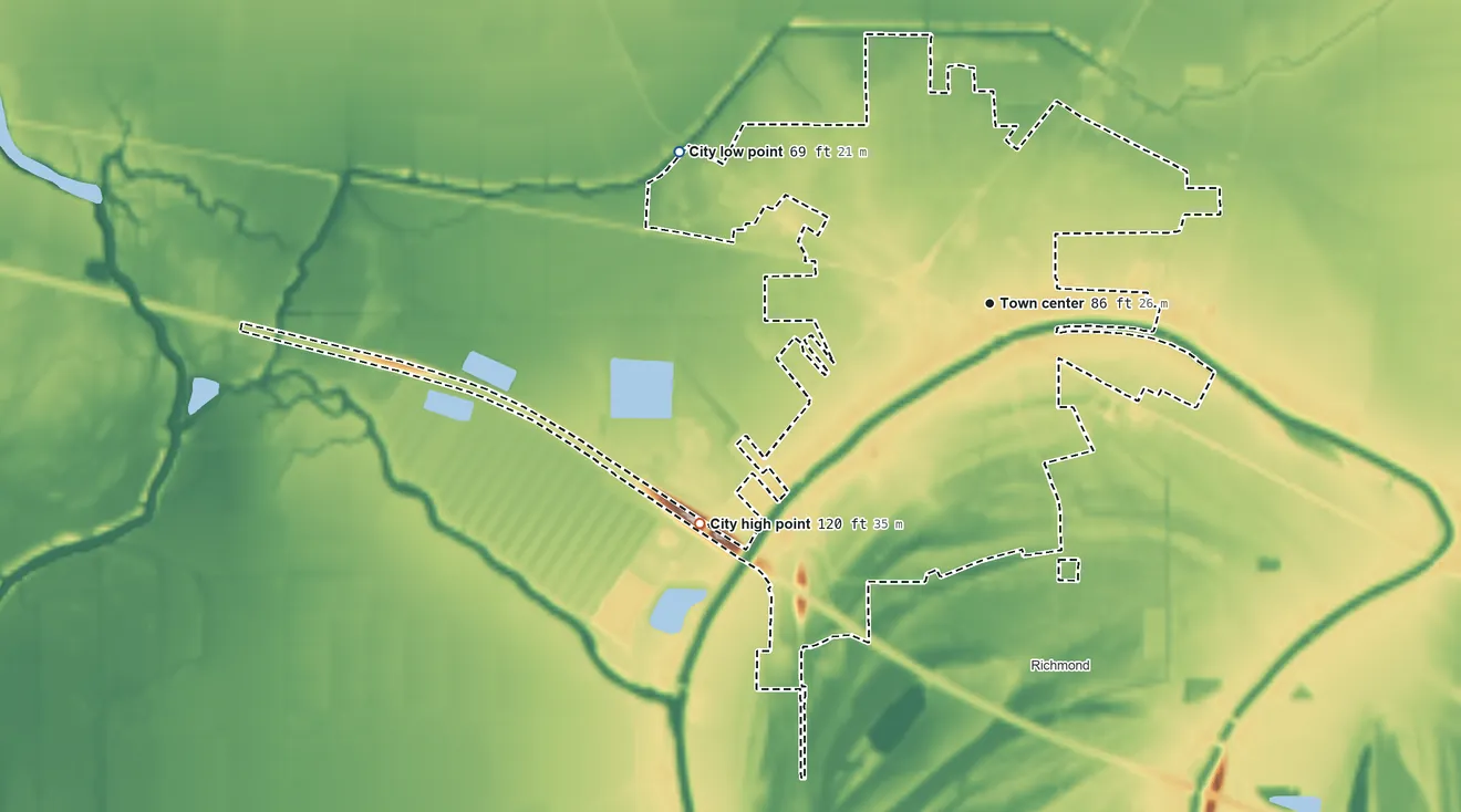 Topographic elevation map of Tallulah, Louisiana, shaded from 69 ft on the northwest side to 120 ft on the southwest side