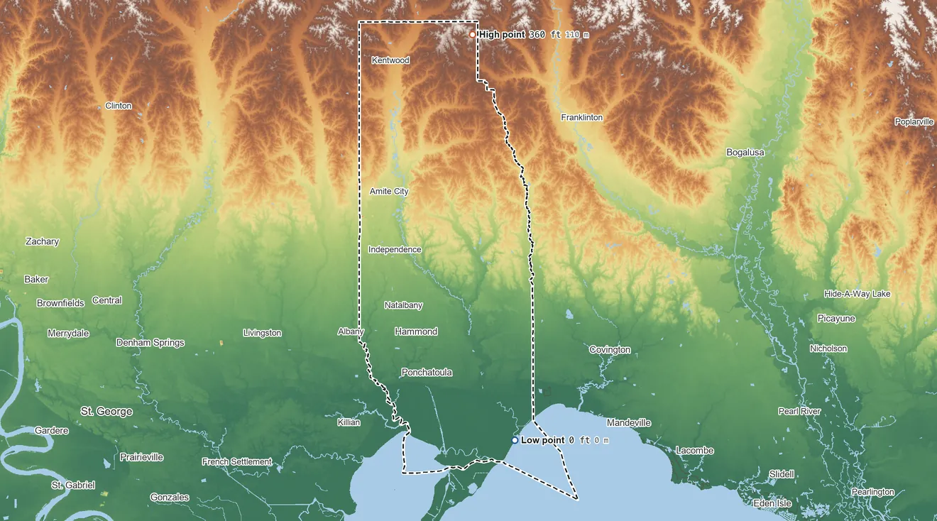 Topographic elevation map of Tangipahoa Parish, Louisiana, shaded from 0 ft on the south side to 360 ft on the north side
