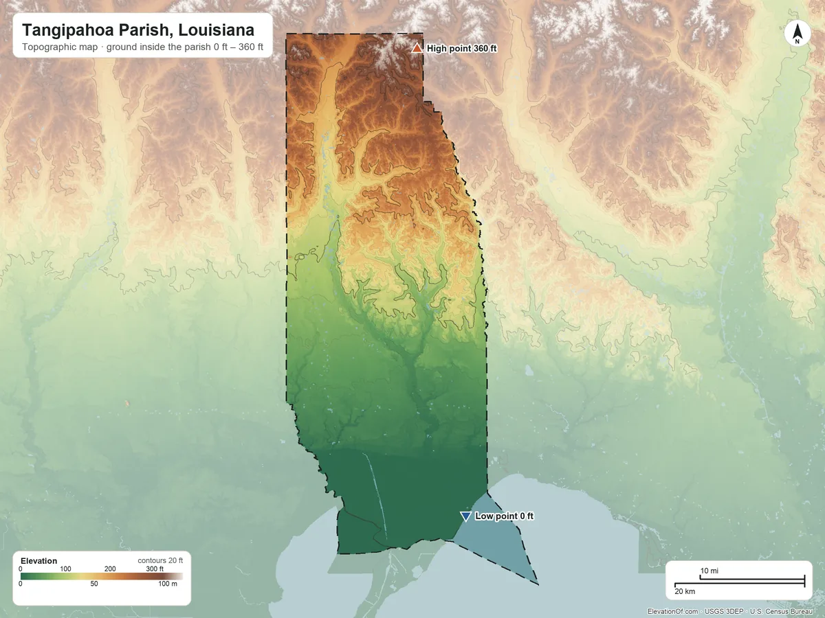 Topographic elevation map of Tangipahoa Parish, Louisiana, shaded from 0 ft on the south side to 360 ft on the north side