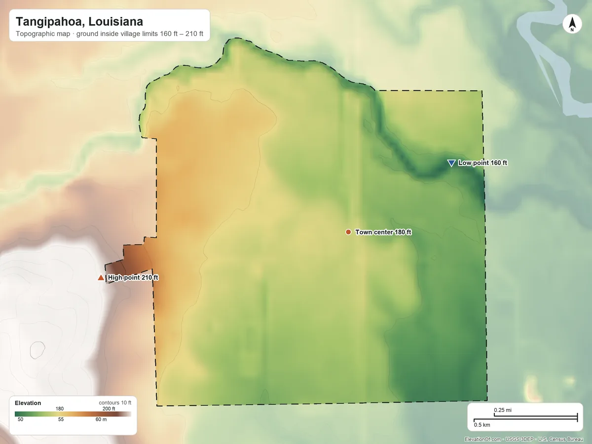 Topographic elevation map of Tangipahoa, Louisiana, shaded from 160 ft on the northeast side to 210 ft on the west side