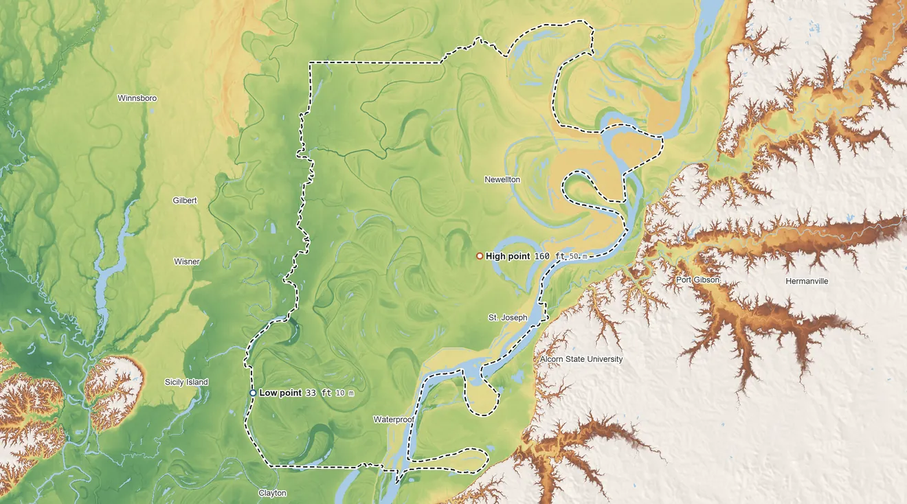Topographic elevation map of Tensas Parish, Louisiana, shaded from 33 ft on the southwest side to 160 ft near the middle