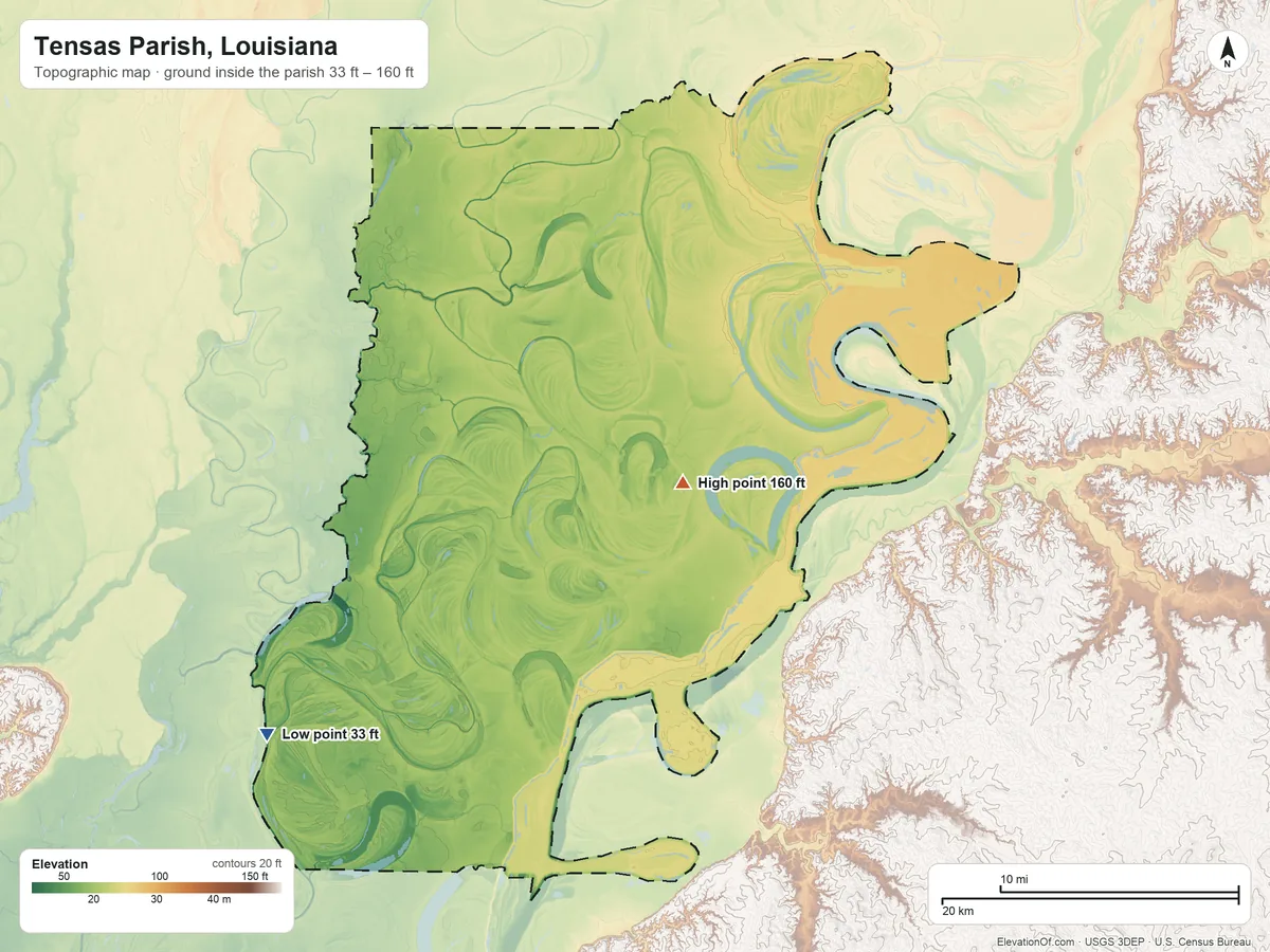 Topographic elevation map of Tensas Parish, Louisiana, shaded from 33 ft on the southwest side to 160 ft near the middle