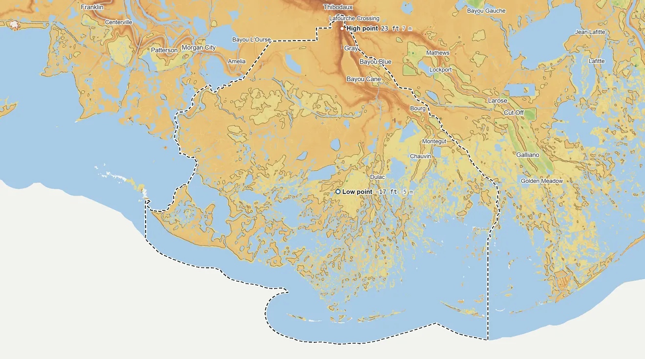 Topographic elevation map of Terrebonne Parish, Louisiana, shaded from 17 ft below sea level near the middle to 23 ft on the north side