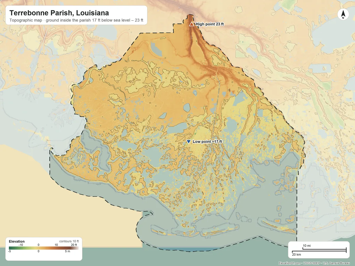 Topographic elevation map of Terrebonne Parish, Louisiana, shaded from 17 ft below sea level near the middle to 23 ft on the north side