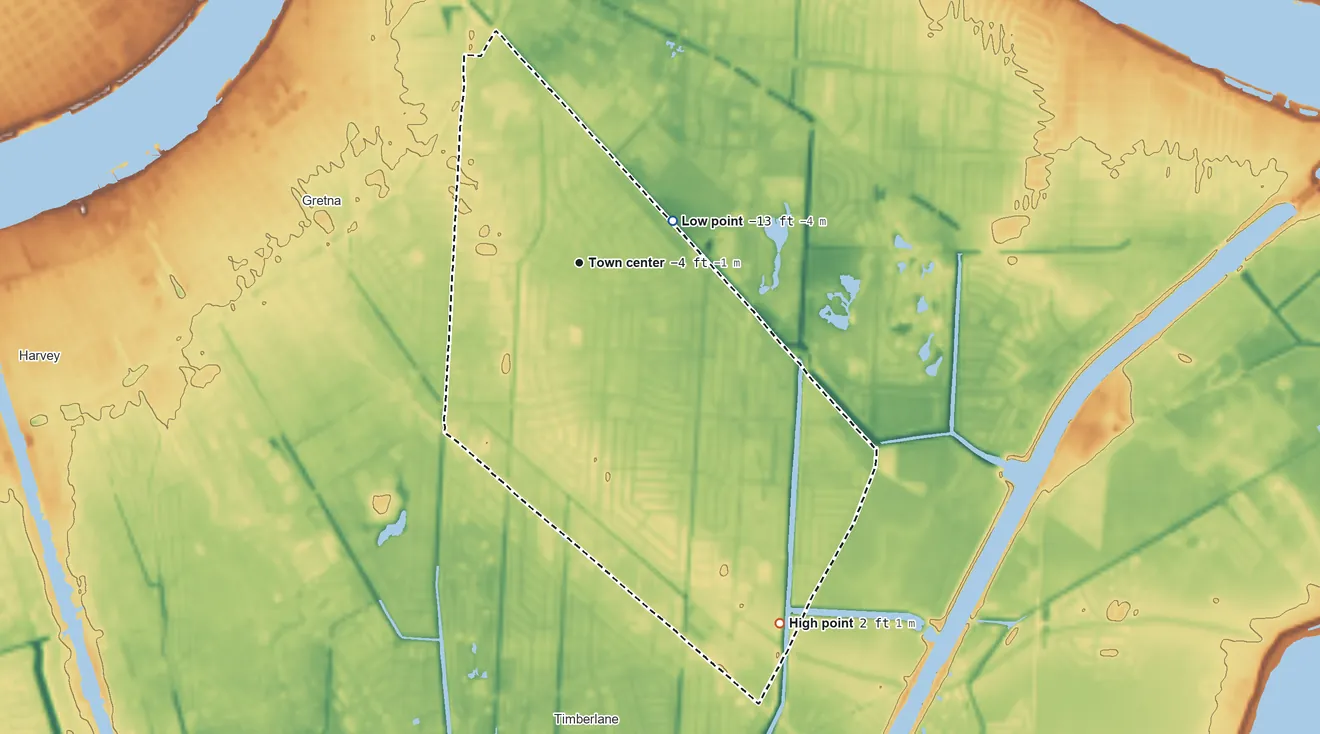Topographic elevation map of Terrytown, Louisiana, shaded from −13 ft on the northeast side to 2 ft on the southeast side