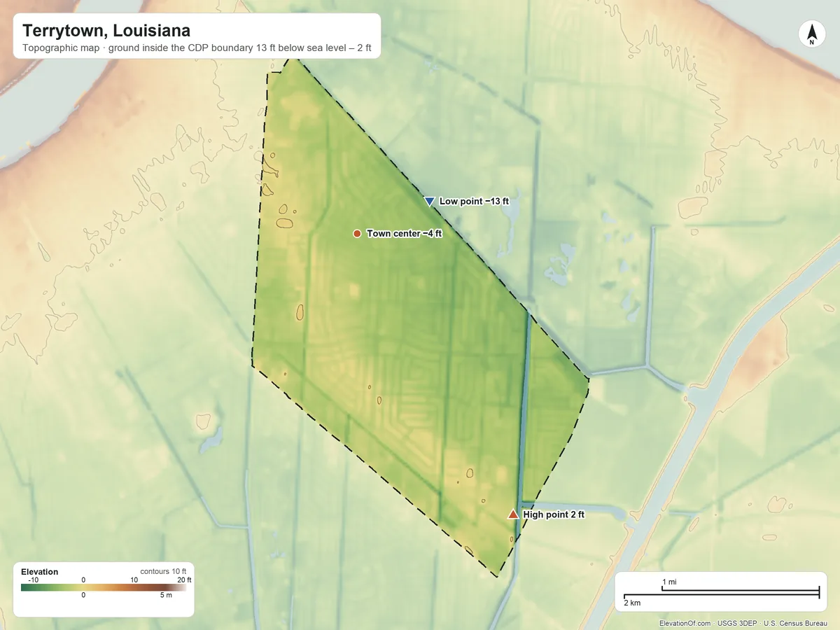 Topographic elevation map of Terrytown, Louisiana, shaded from −13 ft on the northeast side to 2 ft on the southeast side
