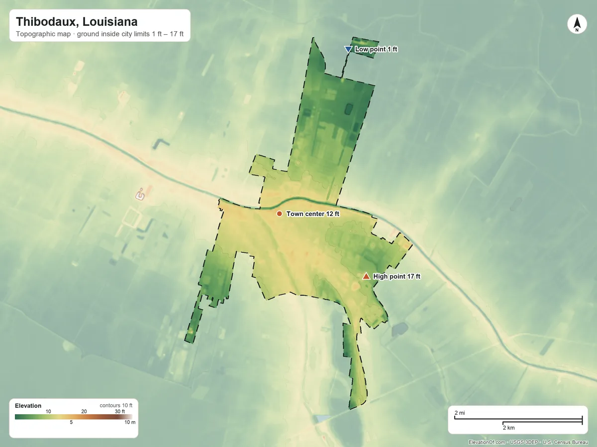 Topographic elevation map of Thibodaux, Louisiana, shaded from 1 ft on the northeast side to 17 ft on the southeast side