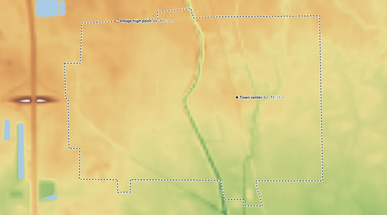 Topographic elevation map of Tickfaw, Louisiana, shaded from 48 ft on the south side to 66 ft on the northwest side