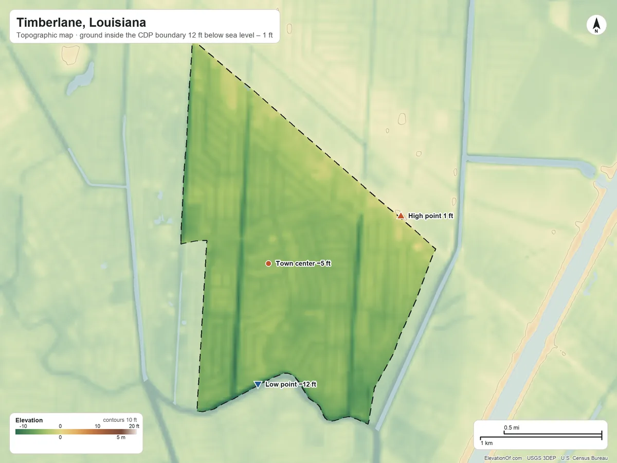 Topographic elevation map of Timberlane, Louisiana, shaded from −12 ft on the south side to 1 ft on the east side