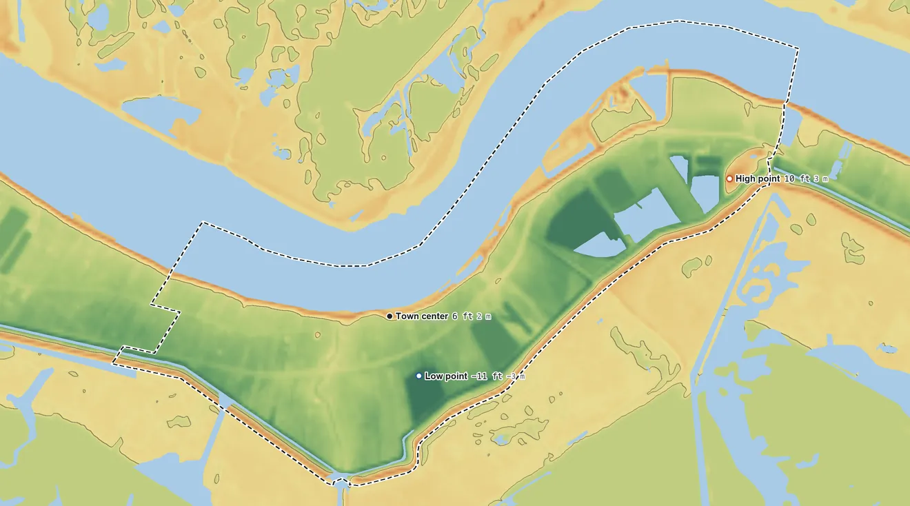 Topographic elevation map of Triumph, Louisiana, shaded from −11 ft near the middle to 10 ft on the east side