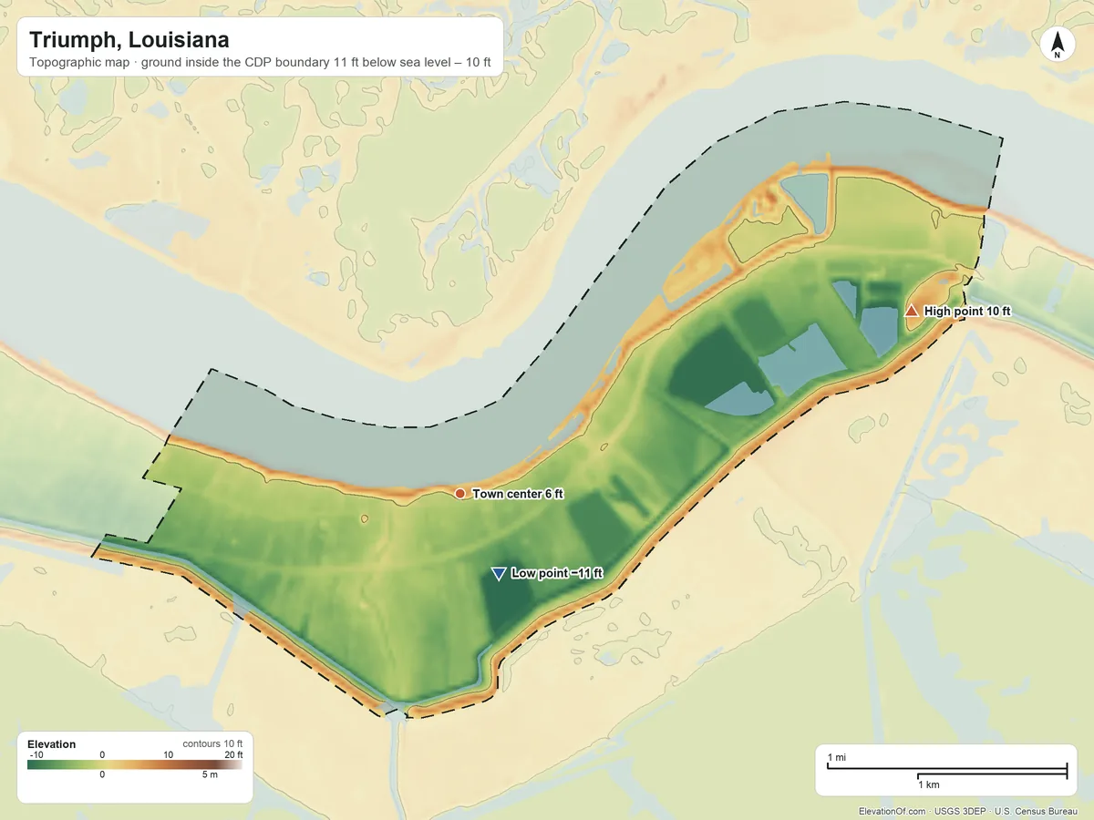 Topographic elevation map of Triumph, Louisiana, shaded from −11 ft near the middle to 10 ft on the east side