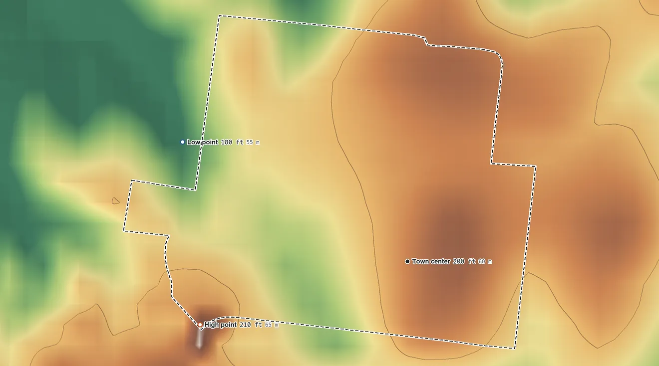 Topographic elevation map of Trout, Louisiana, shaded from 180 ft on the northwest side to 210 ft on the west side