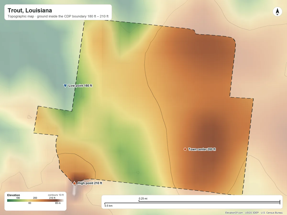 Topographic elevation map of Trout, Louisiana, shaded from 180 ft on the northwest side to 210 ft on the west side