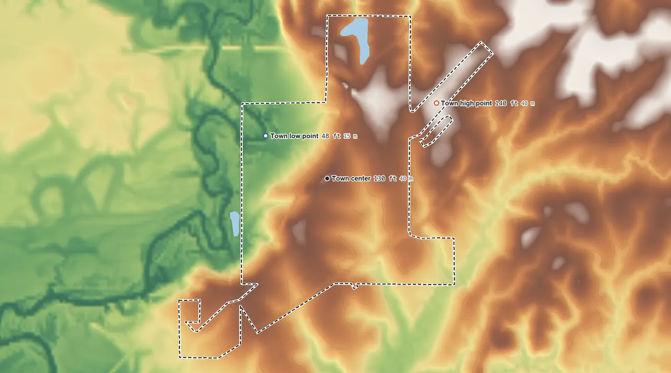 Topographic elevation map of Tullos, Louisiana, shaded from 48 ft on the northwest side to 140 ft on the northeast side
