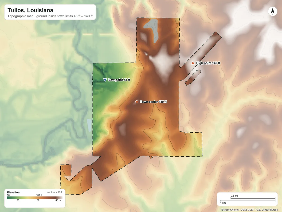 Topographic elevation map of Tullos, Louisiana, shaded from 48 ft on the northwest side to 140 ft on the northeast side