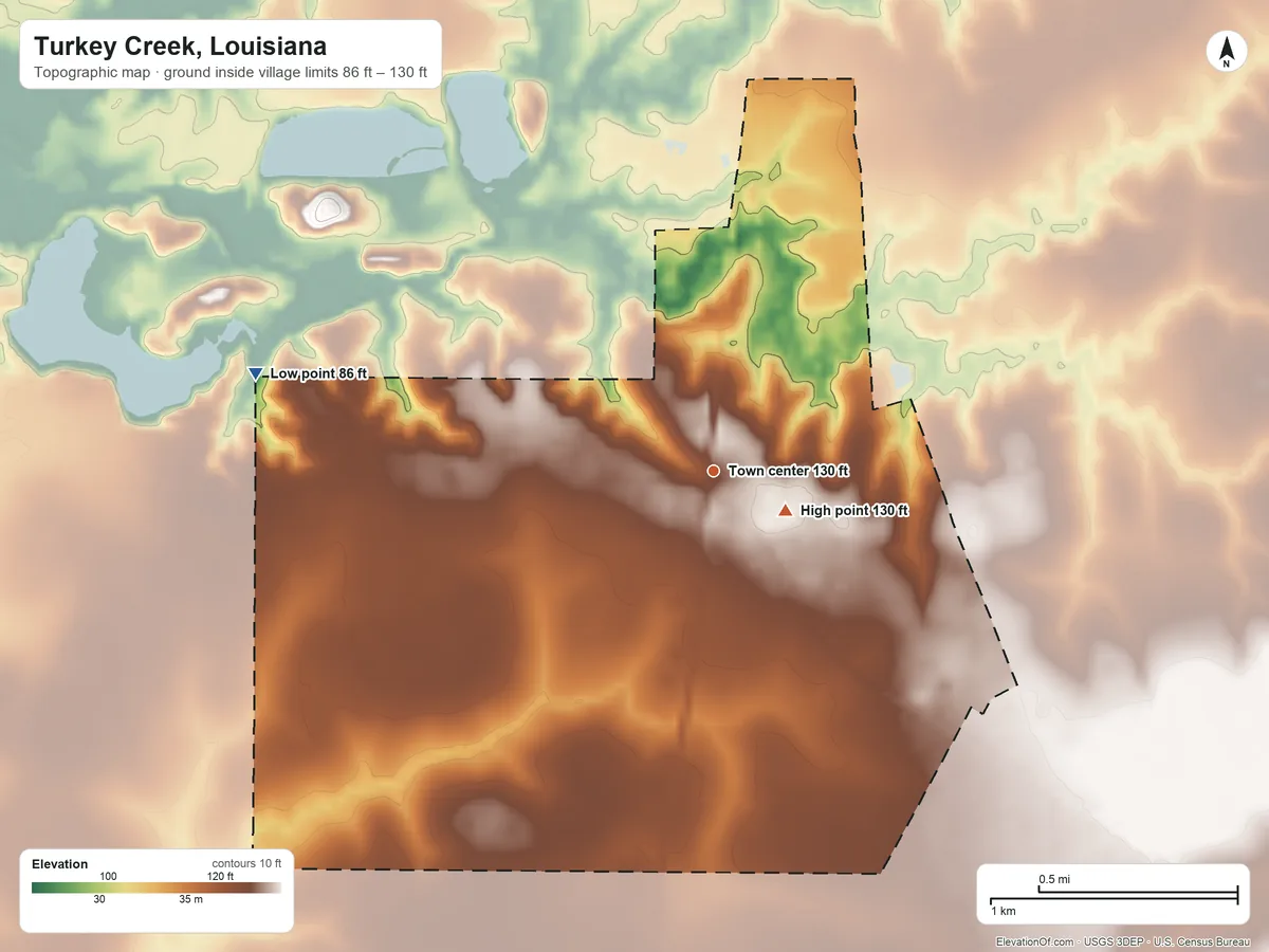 Topographic elevation map of Turkey Creek, Louisiana, shaded from 86 ft on the west side to 130 ft near the middle