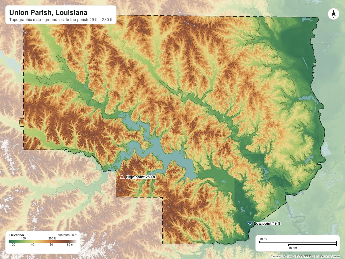 Topographic elevation map of Union Parish, Louisiana, shaded from 49 ft on the southeast side to 280 ft on the southwest side