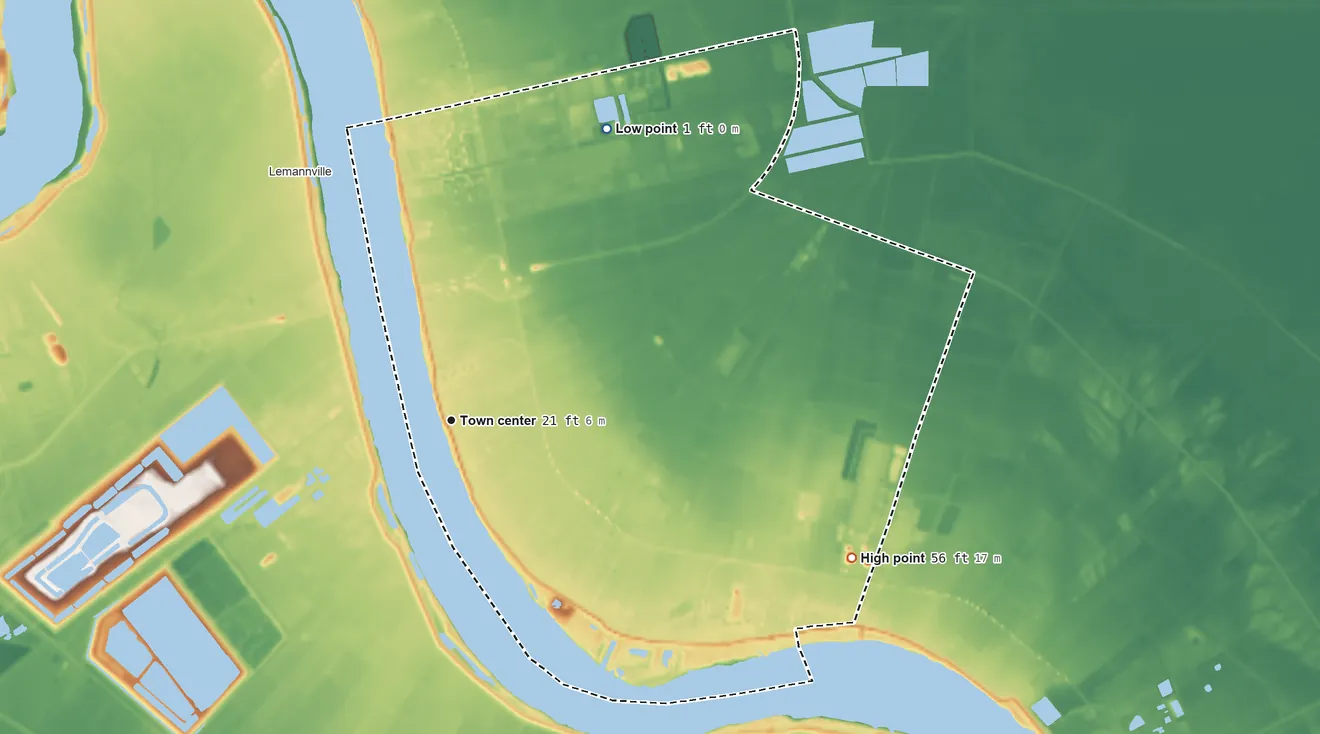 Topographic elevation map of Union, Louisiana, shaded from 1 ft on the northeast side to 56 ft on the east side