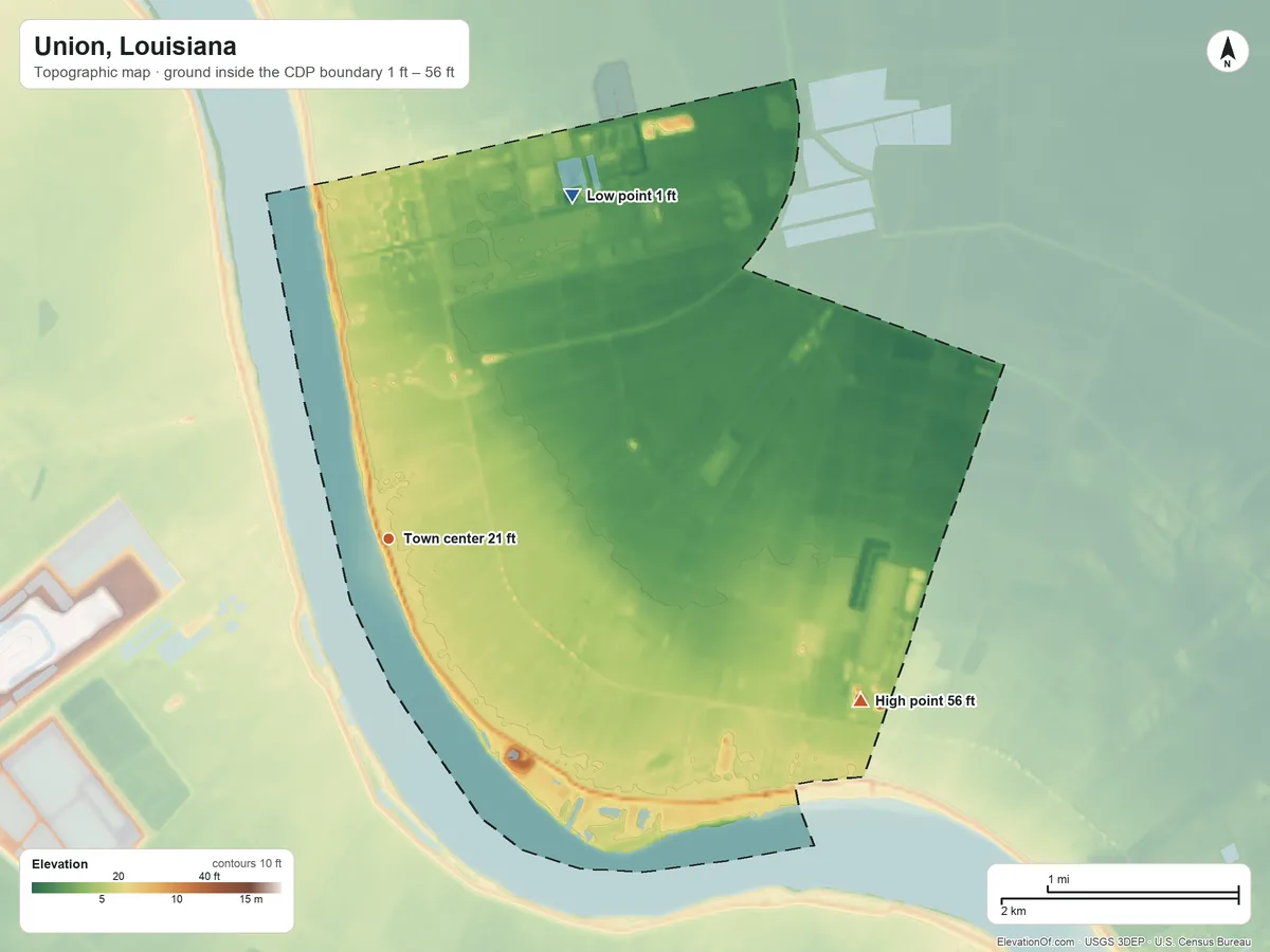 Topographic elevation map of Union, Louisiana, shaded from 1 ft on the northeast side to 56 ft on the east side