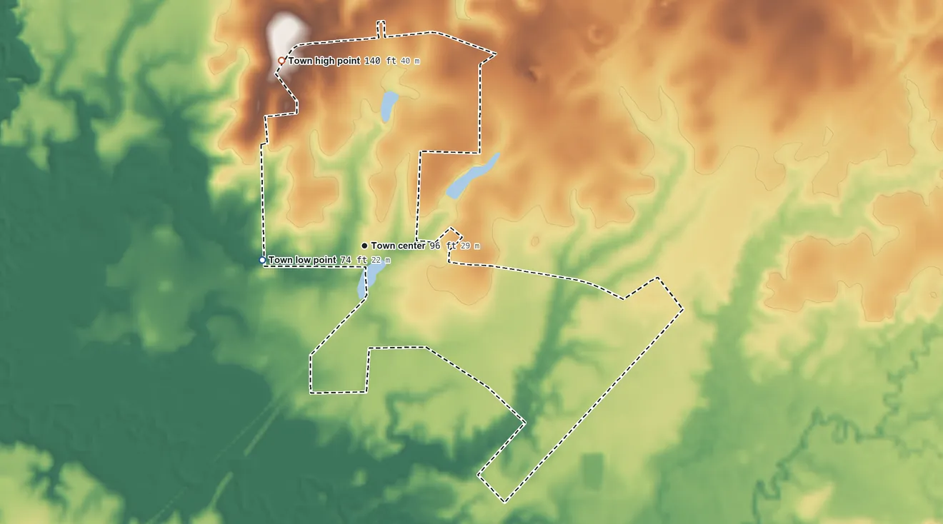 Topographic elevation map of Urania, Louisiana, shaded from 74 ft on the west side to 140 ft on the northwest side