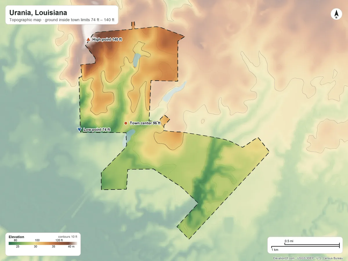 Topographic elevation map of Urania, Louisiana, shaded from 74 ft on the west side to 140 ft on the northwest side