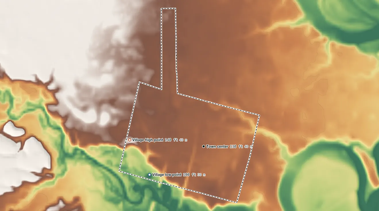 Topographic elevation map of Varnado, Louisiana, shaded from 100 ft on the southwest side to 140 ft on the west side