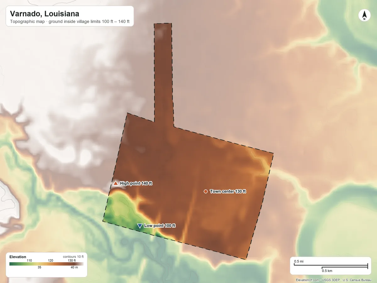 Topographic elevation map of Varnado, Louisiana, shaded from 100 ft on the southwest side to 140 ft on the west side