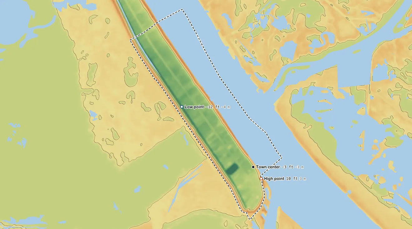 Topographic elevation map of Venice, Louisiana, shaded from −12 ft on the northwest side to 10 ft near the middle