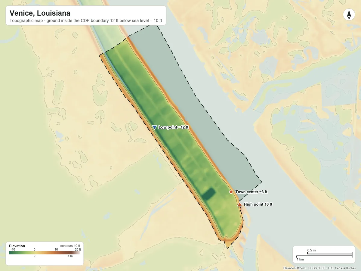 Topographic elevation map of Venice, Louisiana, shaded from −12 ft on the northwest side to 10 ft near the middle