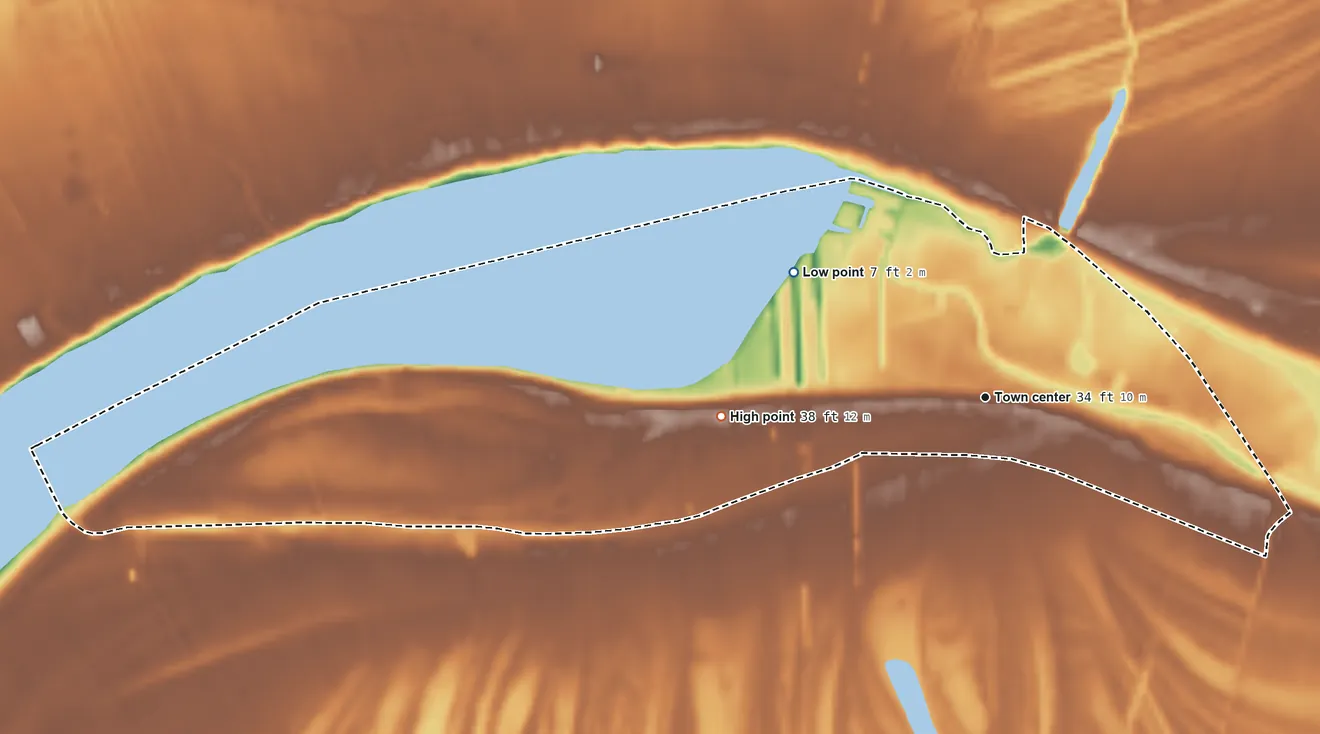 Topographic elevation map of Ventress, Louisiana, shaded from 7 ft on the northwest side to 38 ft on the west side