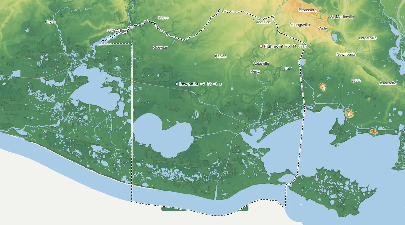 Topographic elevation map of Vermilion Parish, Louisiana, shaded from 4 ft below sea level on the northwest side to 75 ft on the northeast side