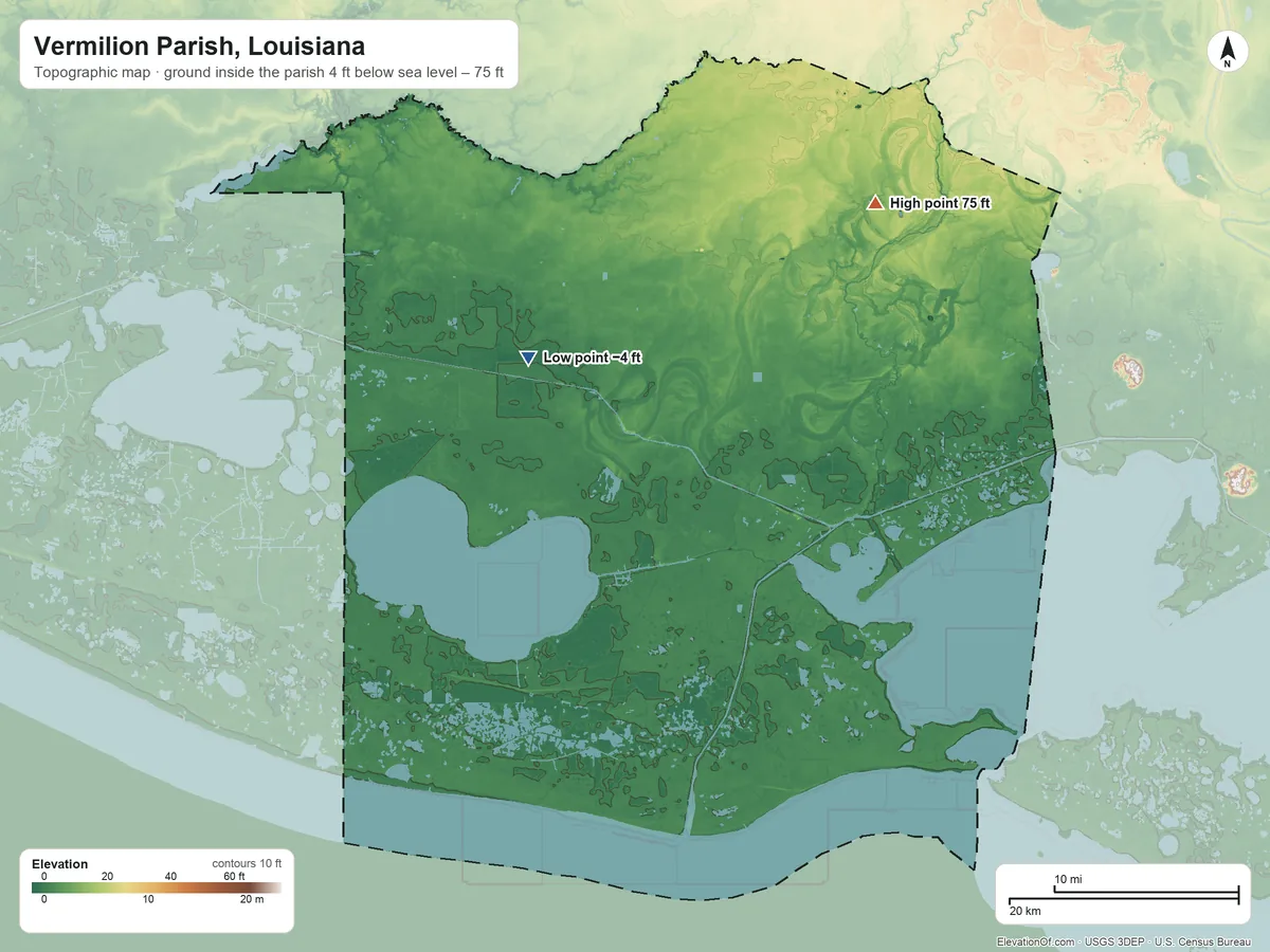 Topographic elevation map of Vermilion Parish, Louisiana, shaded from 4 ft below sea level on the northwest side to 75 ft on the northeast side