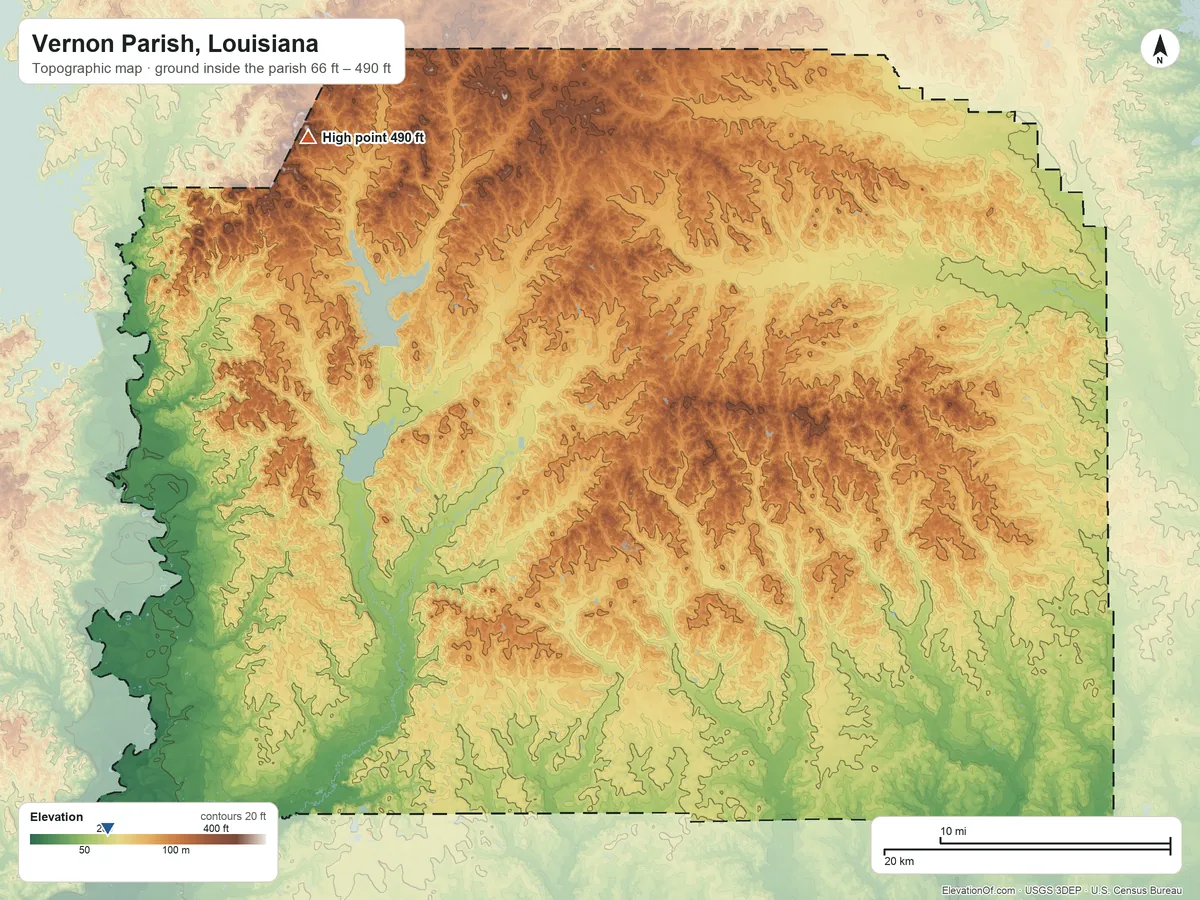 Topographic elevation map of Vernon Parish, Louisiana, shaded from 66 ft on the southwest side to 490 ft on the northwest side