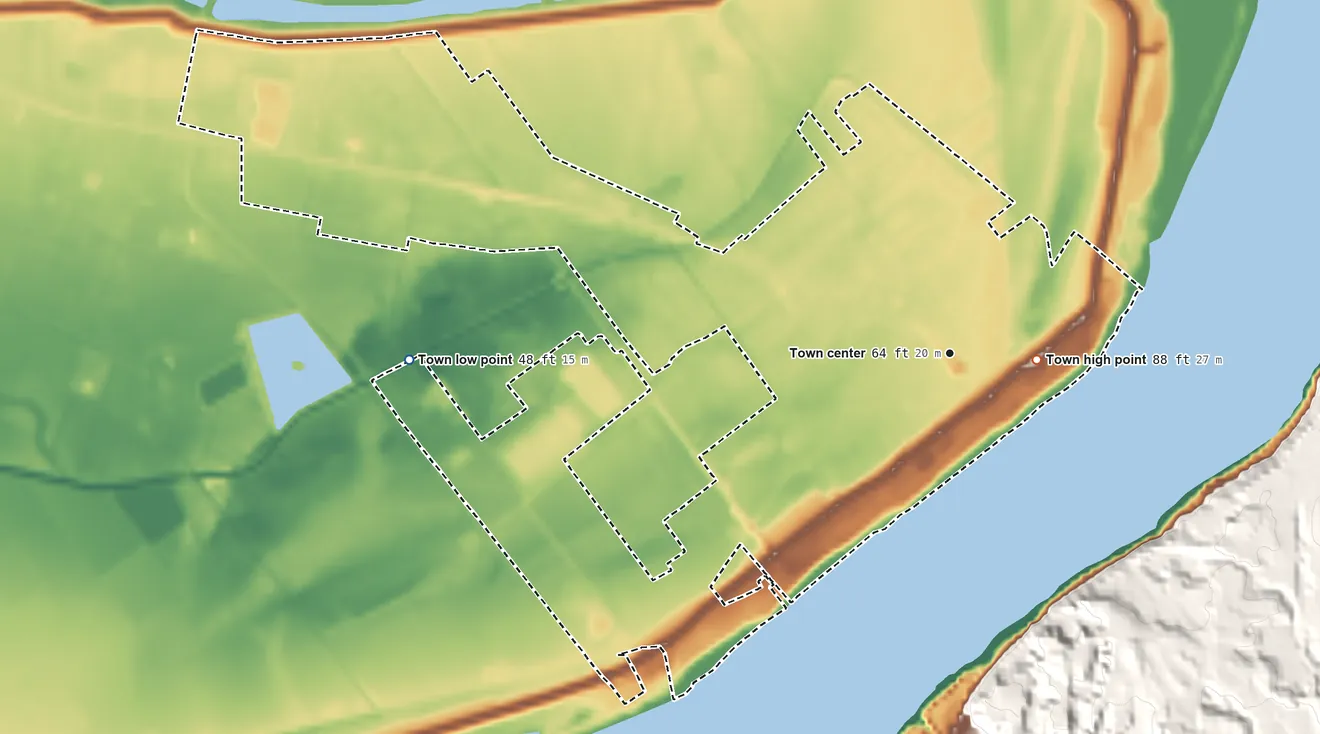 Topographic elevation map of Vidalia, Louisiana, shaded from 48 ft on the west side to 88 ft near the middle