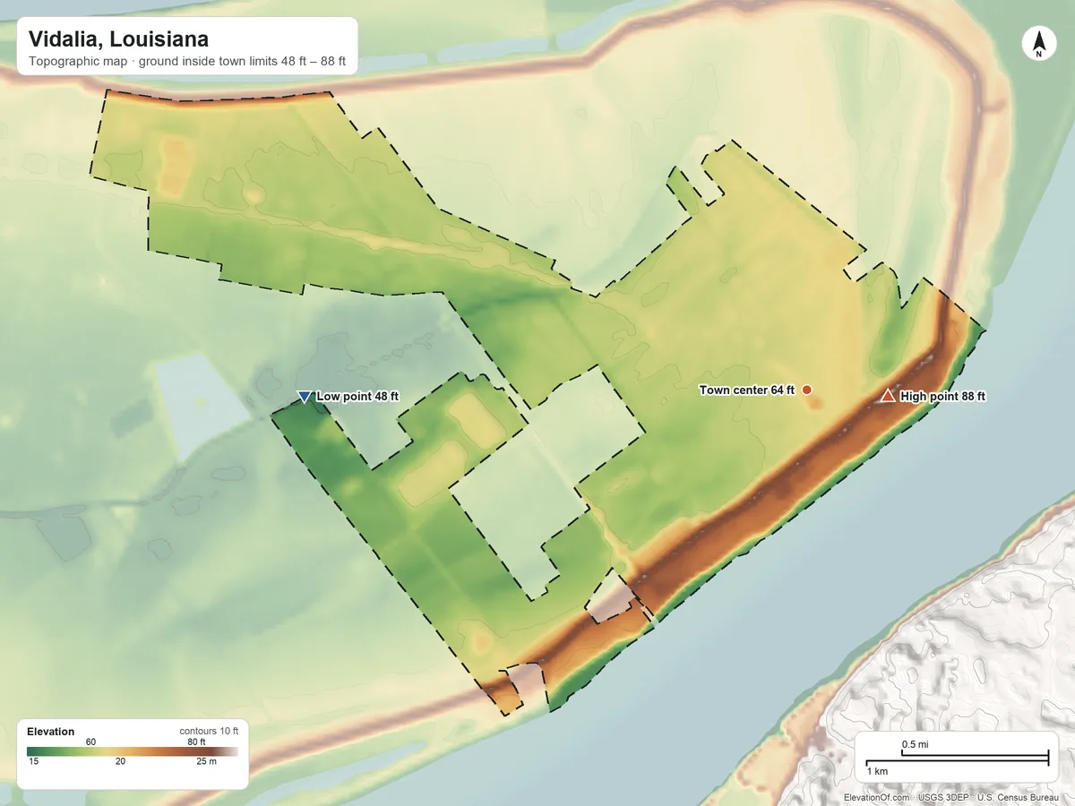 Topographic elevation map of Vidalia, Louisiana, shaded from 48 ft on the west side to 88 ft near the middle