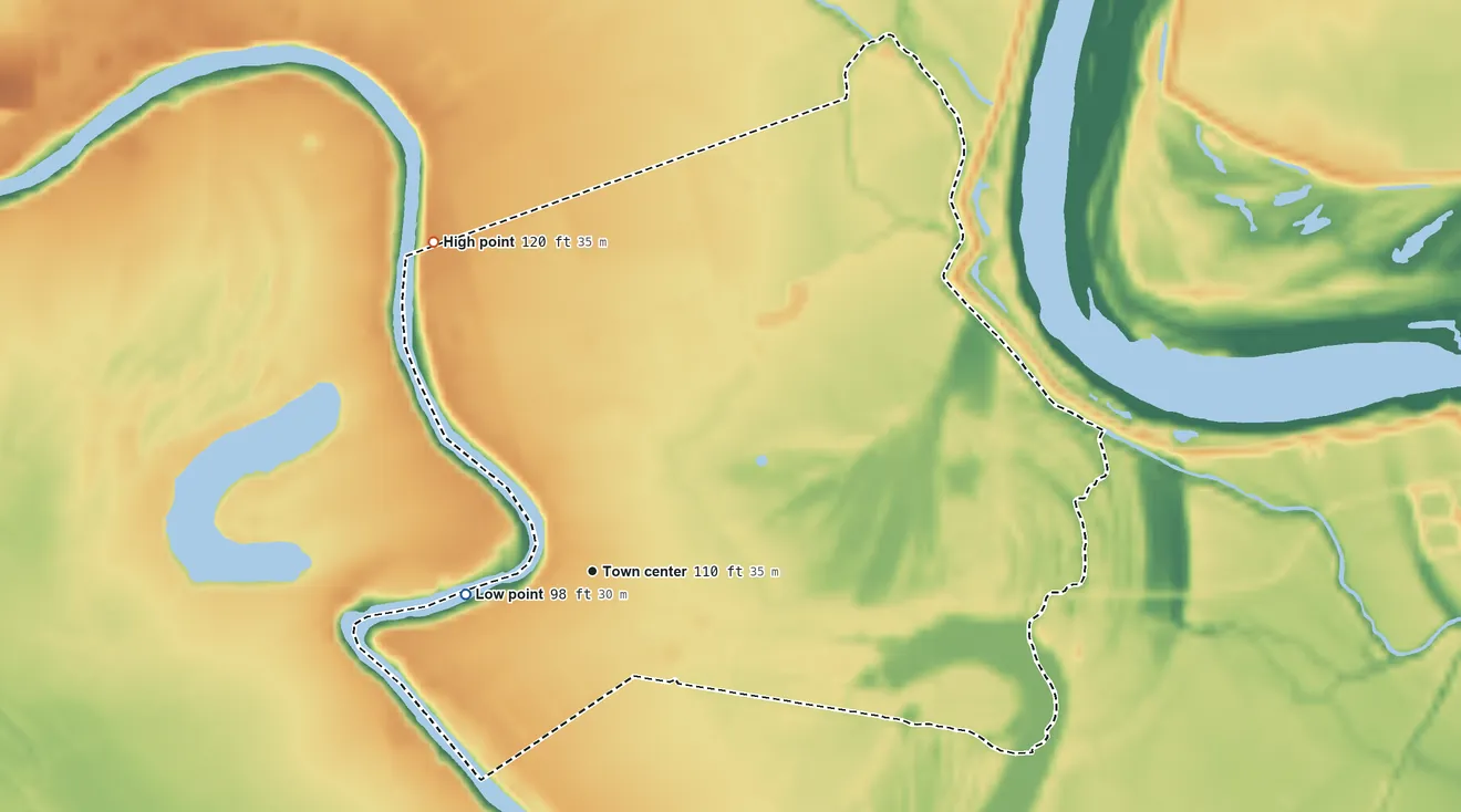 Topographic elevation map of Vienna Bend, Louisiana, shaded from 98 ft on the west side to 120 ft on the northwest side